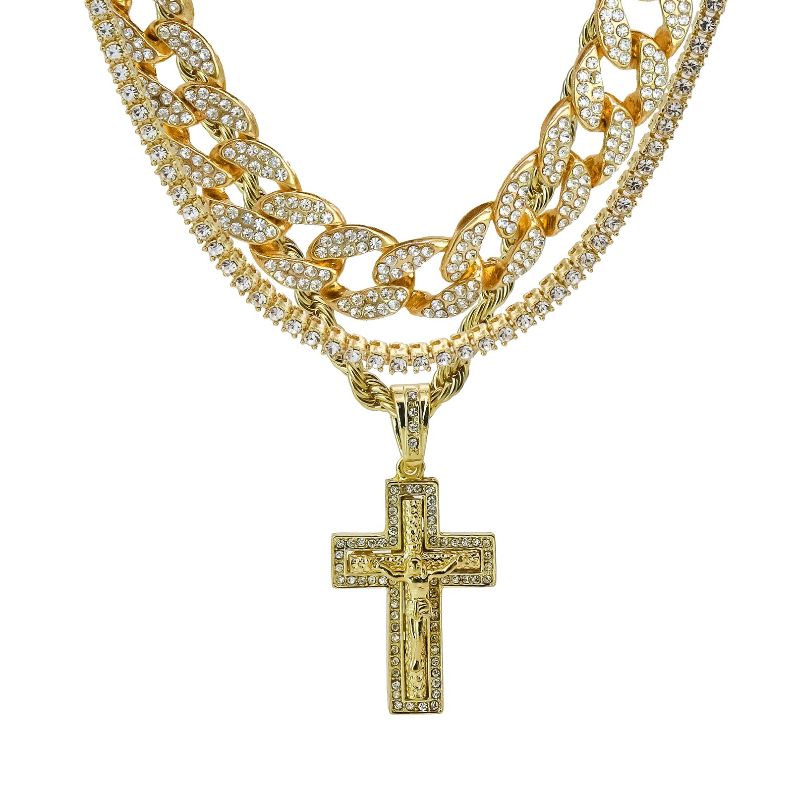 Jesus Cross 4 Pcs Set Clear Cz Cuban, Tennis & Rope Chain Bundle Gold PT
