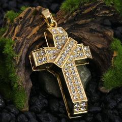 Iced 3D Banner Cross Crucifix Pendant 24" Rope Chain Hip Hop Style 18k Gold PT