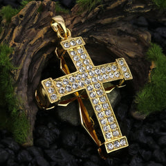 Iced 3D Staple Cross Crucifix Pendant 24" Rope Chain Hip Hop Style 18k Gold PT
