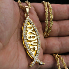 Iced 3D Jesus Fish IXOYE Pendant 24" Rope Chain Hip Hop Style 18k Gold Plated