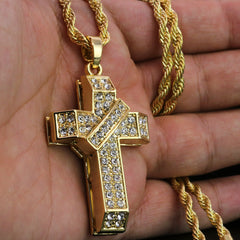 Iced 3D Banner Cross Crucifix Pendant 24" Rope Chain Hip Hop Style 18k Gold PT