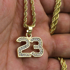 Iced Micro #23 Pendant 24" Rope Chain Hip Hop Style 18k Gold PT Necklace