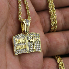 Iced Micro Holy Bible Pendant 24" Rope Chain Hip Hop Style 18k Gold PT