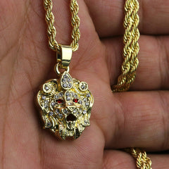 Iced Micro Luxury Red Eye Lion Pendant 24" Rope Chain Hip Hop Style 18k Gold PT