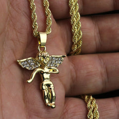 Iced Micro Dancing Angel Pendant 24" Rope Chain Hip Hop Style 18k Gold PT