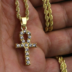 Iced Micro Egyptian Ankh Cross Pendant 24" Rope Chain Hip Hop Style 18k Gold PT