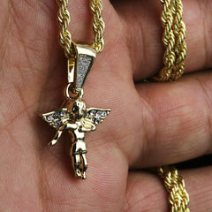 Iced Micro Mini Dancing Angel Pendant 24" Rope Chain Hip Hop Style 18k Gold PT