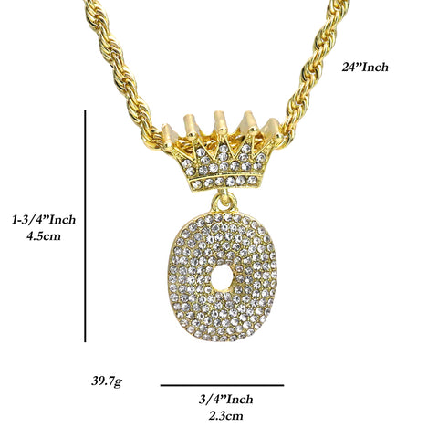 Crown Bubble Letter O Pendant 24"Rope Chain Hip Hop Style 18k Gold Plated Necklace