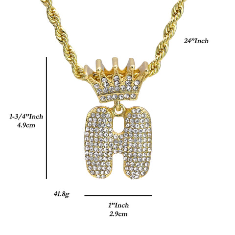 Crown Bubble Letter H Pendant 24"Rope Chain Hip Hop Style 18k Gold Plated Necklace