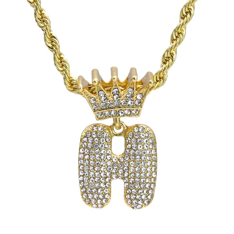 Crown Bubble Letter H Pendant 24"Rope Chain Hip Hop Style 18k Gold Plated Necklace