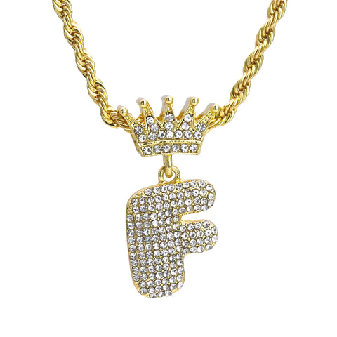 Crown Bubble Letter F Pendant 24"Rope Chain Hip Hop Style 18k Gold Plated Necklace