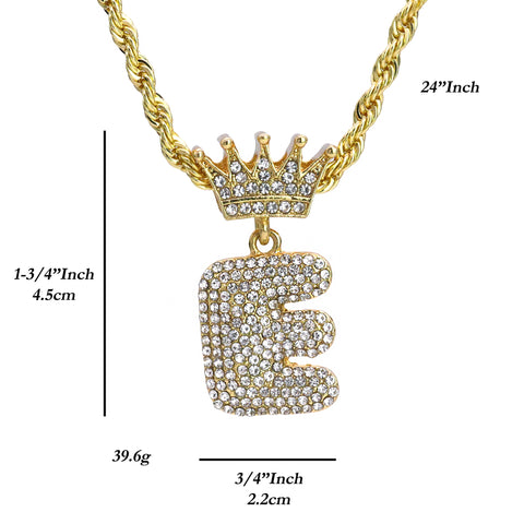 Crown Bubble Letter E Pendant 24"Rope Chain Hip Hop Style 18k Gold Plated Necklace