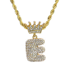 Crown Bubble Letter E Pendant 24"Rope Chain Hip Hop Style 18k Gold Plated Necklace