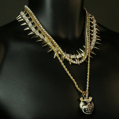 High Fashion Gold Plated AAA Spiky Tennis Chains & Cz Mad Dog Face Head Pendant