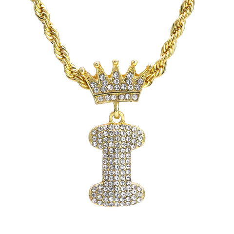Crown Bubble letter I Pendant 24" Rope Chain Hip Hop Style 18k Gold PT