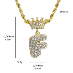 Crown Bubble Letter F Pendant 24"Rope Chain Hip Hop Style 18k Gold Plated Necklace