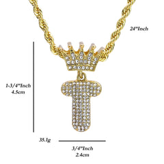 Copy of Crown Bubble letter T Pendant 24" Rope Chain Hip Hop Style 18k Gold PT