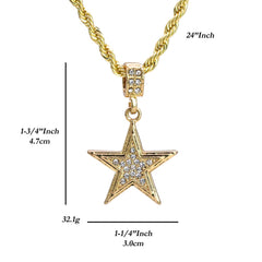 Star Pendant 24" Rope Chain Hip Hop Style 18k Gold PT