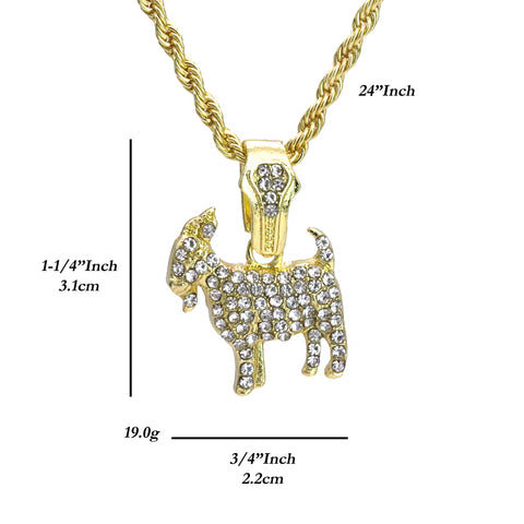 Micro Goat Pendant 24" Rope Chain Hip Hop Style 18k Gold PT