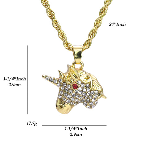 Micro Unicorn Face Red Eye Pendant 24" Rope Chain Hip Hop Style 18k Gold PT