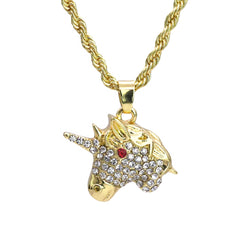 Micro Unicorn Face Red Eye Pendant 24" Rope Chain Hip Hop Style 18k Gold PT