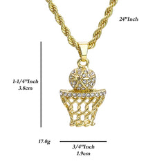 Micro Basketball Pendant 24" Rope Chain Hip Hop Style 18k Gold PT