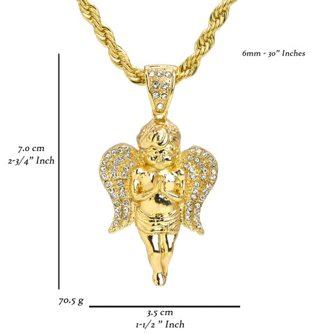 Angel Iced Wings Pendant 30" Rope Chain Hip Hop Style 18k Gold Plated