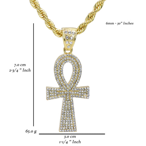 Ankh Iced Out Pendant 30" Rope Chain Hip Hop Style 18k Gold Plated
