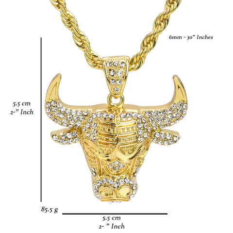 Bull Iced Out Pendant 30" Rope Chain Hip Hop Style 18k Gold Plated