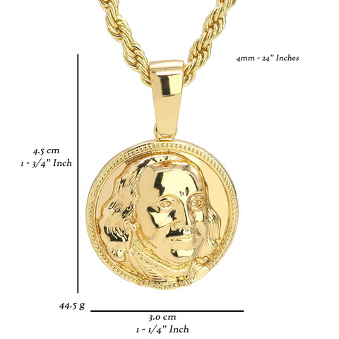 Benjamin Coin Pendant 24" Rope Chain Men's Hip Hop 18k Jewelry