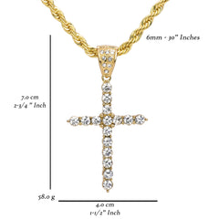 Stone Cross Pendant 30" Rope Chain Hip Hop Style 18k Gold Plated