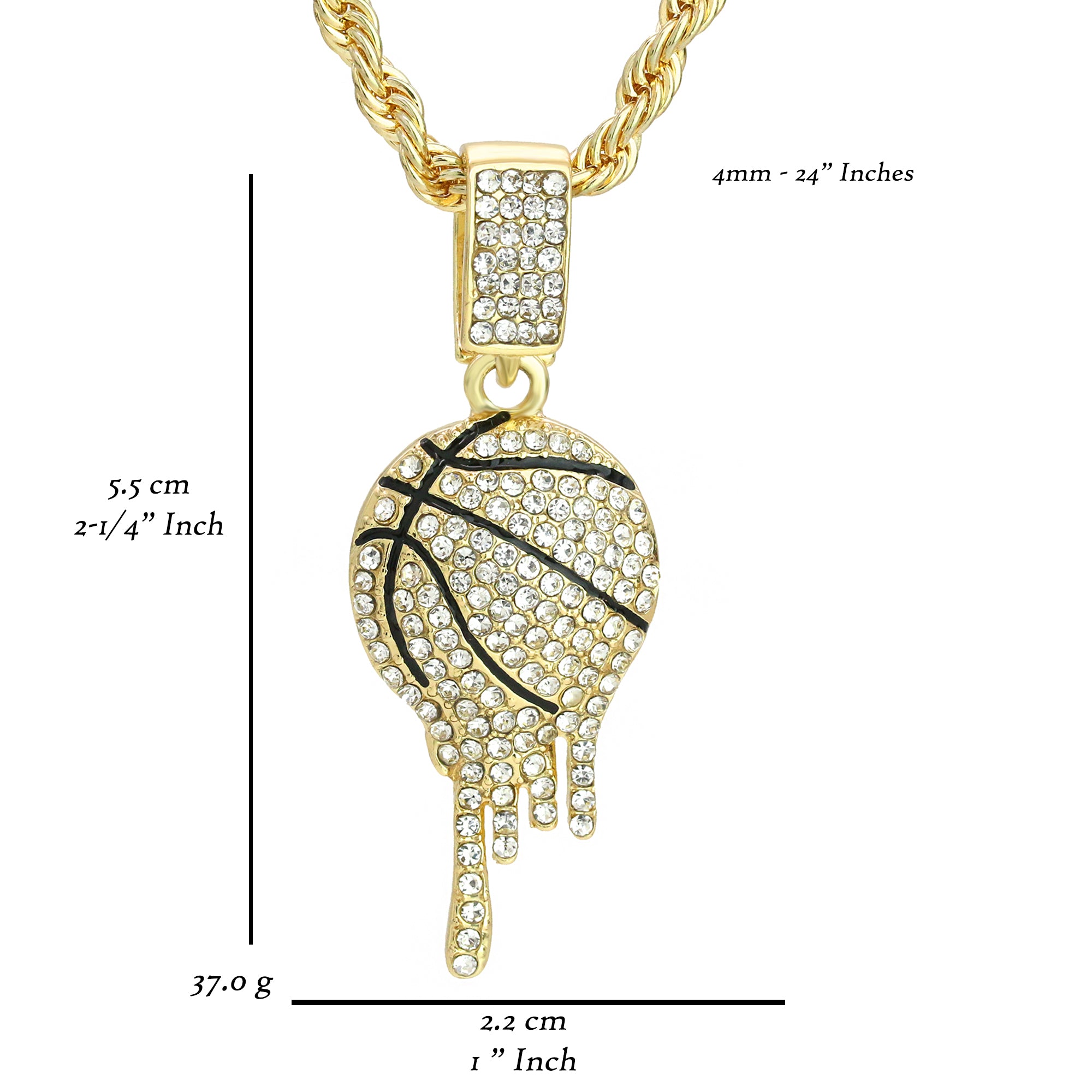 Drip Basketball Pendant 4mm 24" Rope Chain 18k Gold Plated