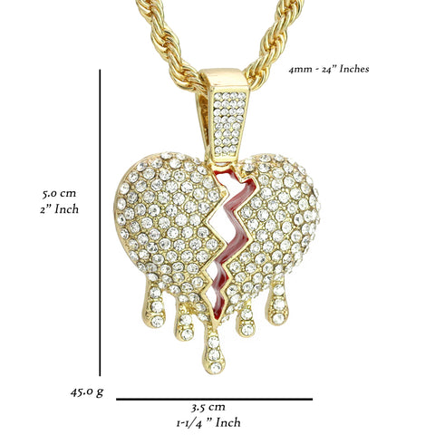 Drip Broken Heart Pendant 4mm 24" Rope Chain 18k Gold Plated