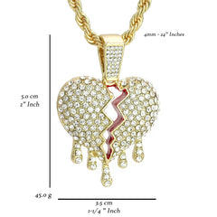 Drip Broken Heart Pendant 4mm 24" Rope Chain 18k Gold Plated