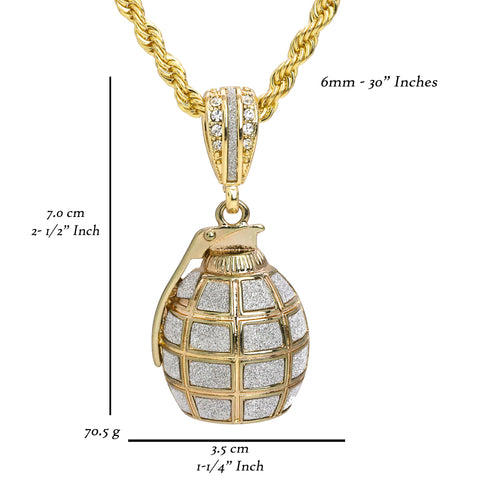 Silver Stardust Grenade Pendant 30" Rope Chain Hip Hop Style 18k Gold Plated