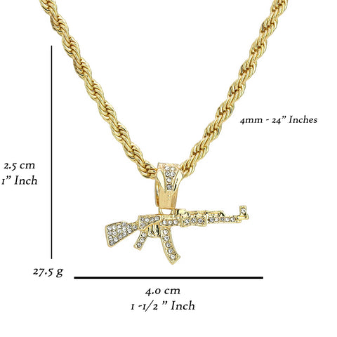 Ak-47 Gun Pendant 24" Rope Chain Men's 18k Gold Plated Jewelry