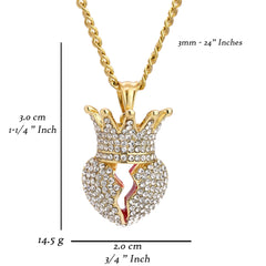 Crowned Broken Heart Pendant 24" Cuban Chain Hip Hop Style 18k Gold Stainless Steel