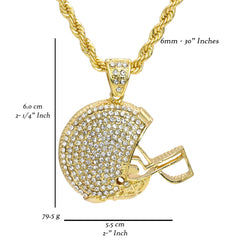 Iced Football Helmet Pendant 30" Rope Chain Hip Hop Style 18k Gold Plated