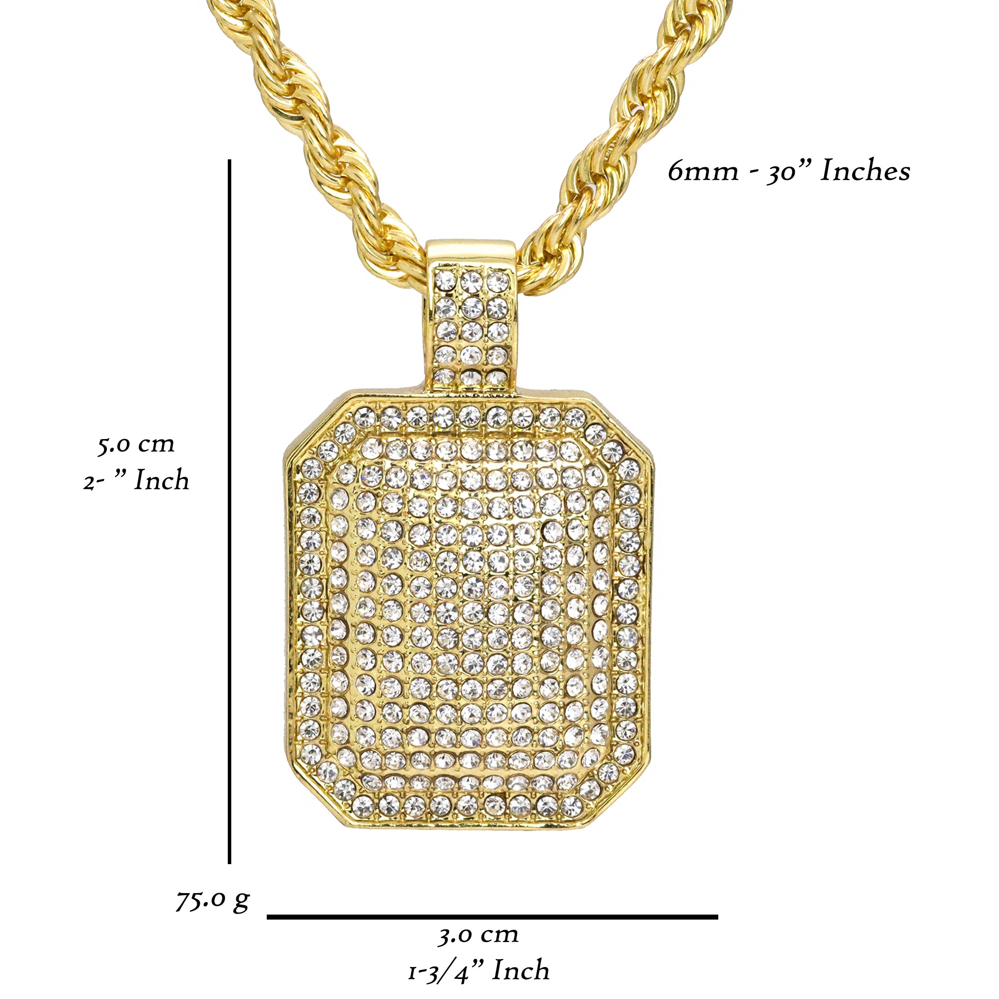 Fully Cz Dog Tag Pendant 30" Rope Chain Hip Hop Style 18k Gold Plated