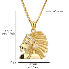 Indian Chief Pendant 24" Cuban Chain Hip Hop Style 18k Gold Stainless Steel