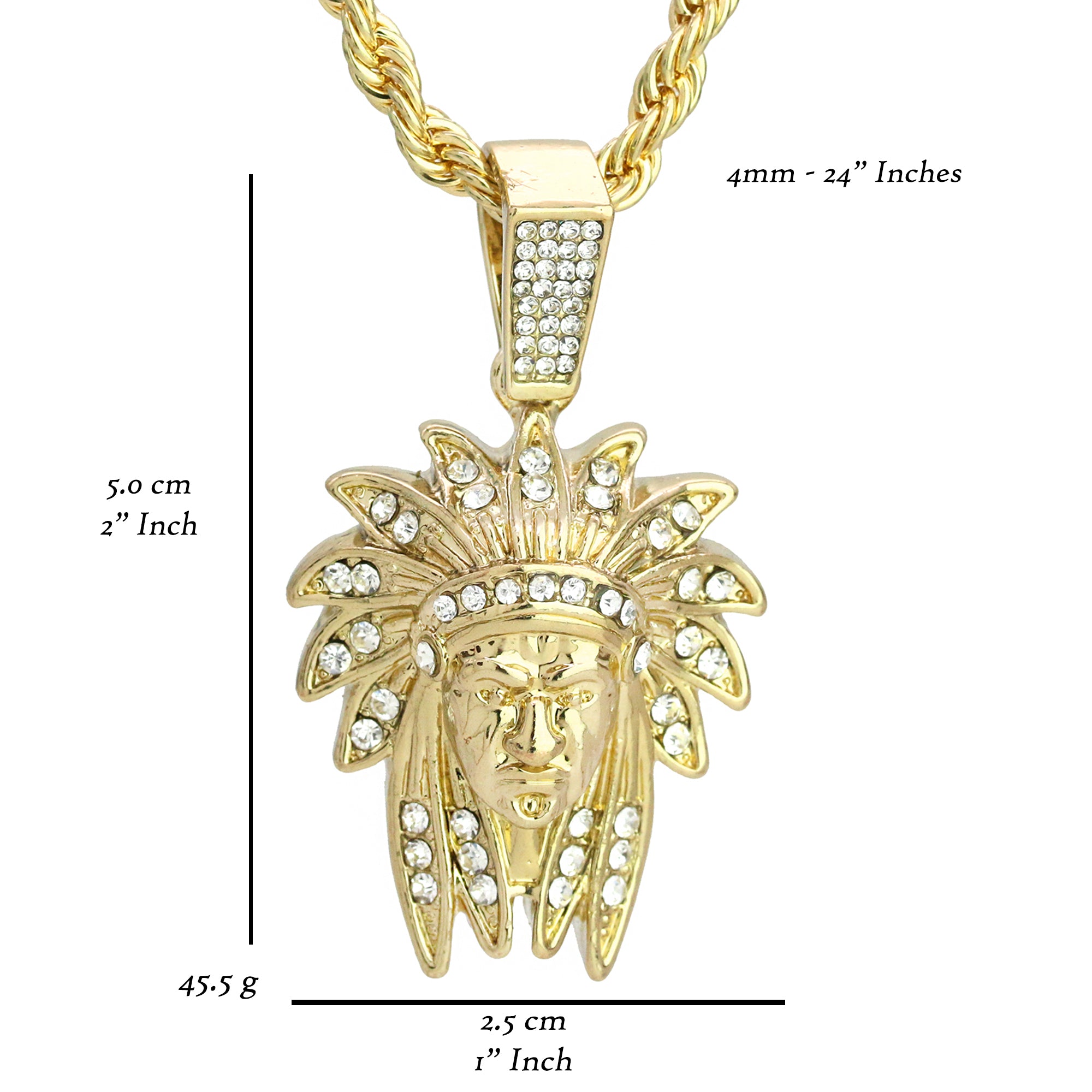 Indian Chief Pendant 4mm 24" Rope Chain 18k Gold Plated