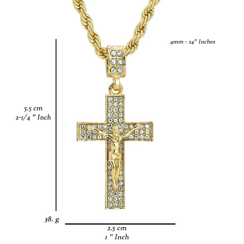 Jesus 3 Row Cross Pendant 24" Rope Chain Men's 18k Gold Plated Jewelry