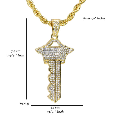 Iced Master Key Pendant 30" Rope Chain Hip Hop Style 18k Gold Plated
