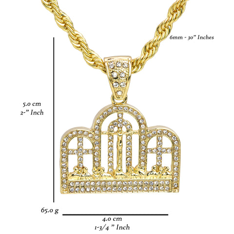 Last Supper Temple Pendant 30" Rope Chain Hip Hop Style 18k Gold Plated