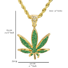 Green Marijuana Leaf  Pendant 30" Rope Chain Hip Hop Style 18k Gold Plated