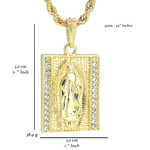 Block Virgin Mary Pendant 24" Rope Chain Men's 18k Gold Plated Jewelry
