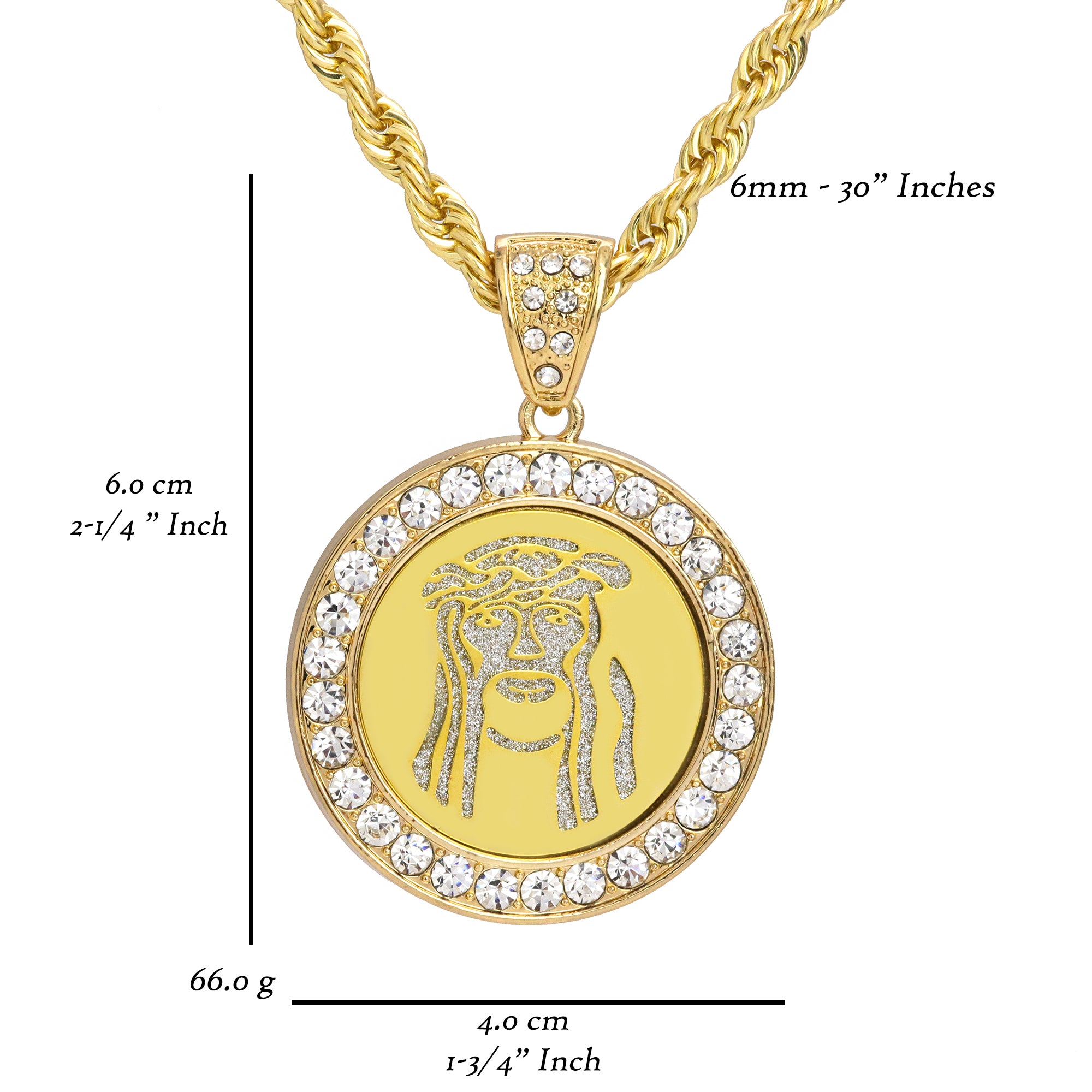 Medallion Jesus Face Pendant 30" Rope Chain Hip Hop Style 18k Gold Plated