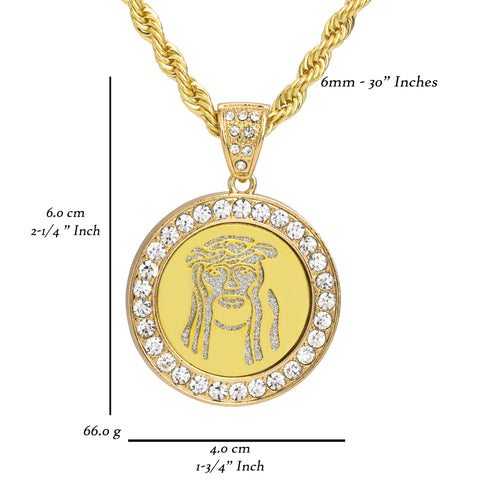 Medallion Jesus Face Pendant 30" Rope Chain Hip Hop Style 18k Gold Plated