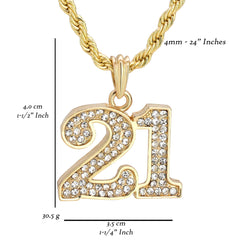 21 Lucky Number Pendant 24" Rope Chain Hip Hop 18k Jewelry
