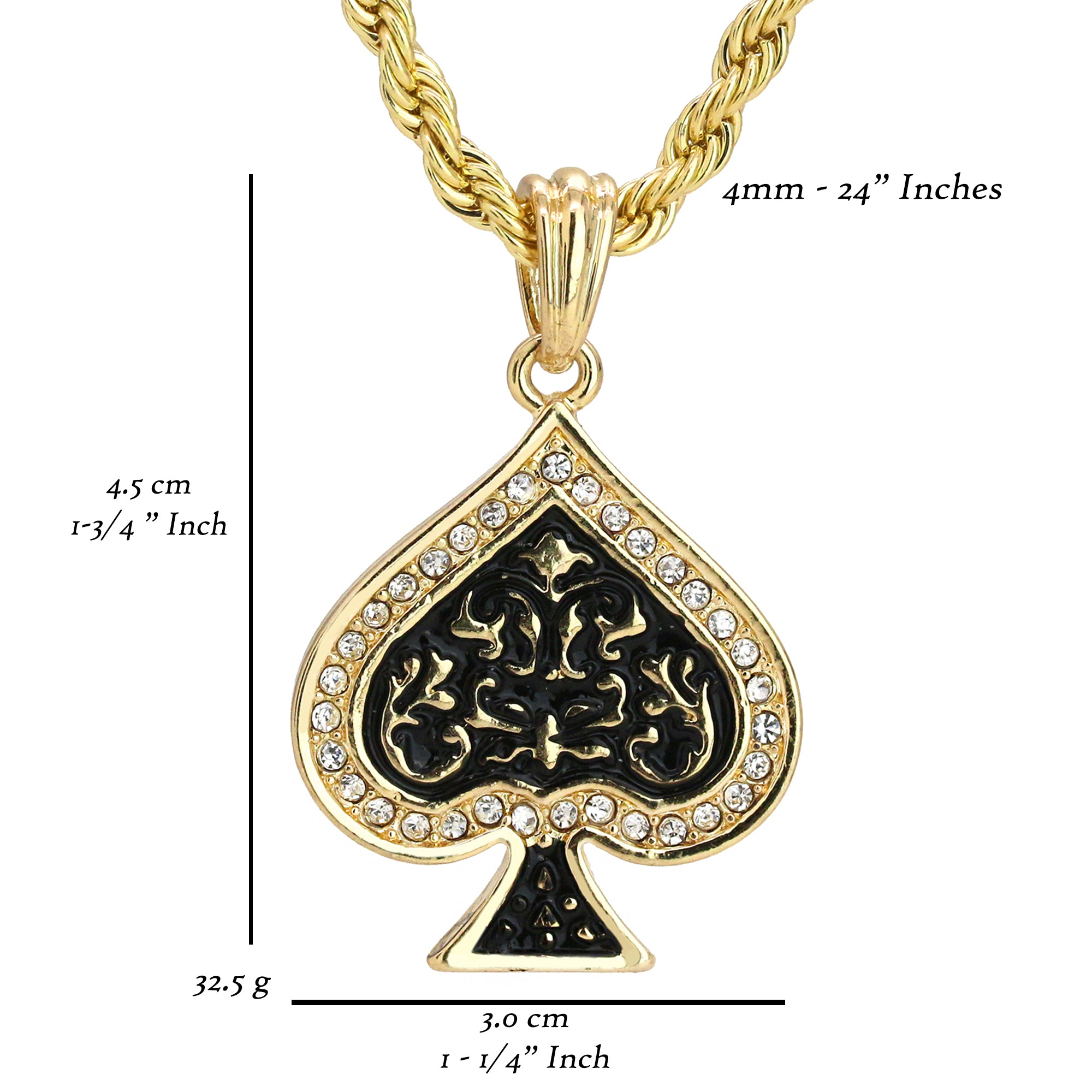 Ace Of Spade Pendant 18K 24" Rope Chain Hip Hop Jewelry